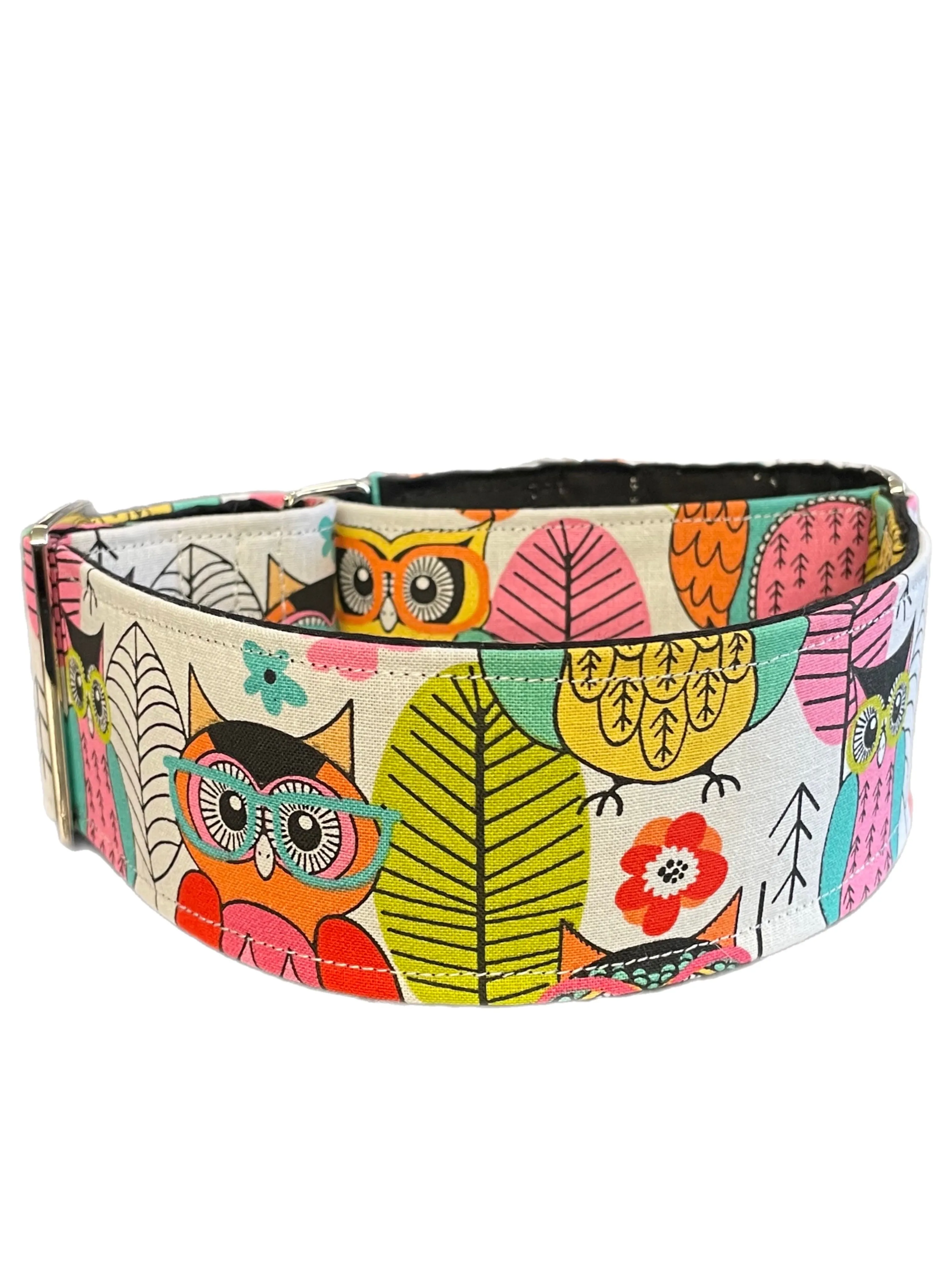 Happy Owls design greyhound Martingale collar cotton covered 50mm width