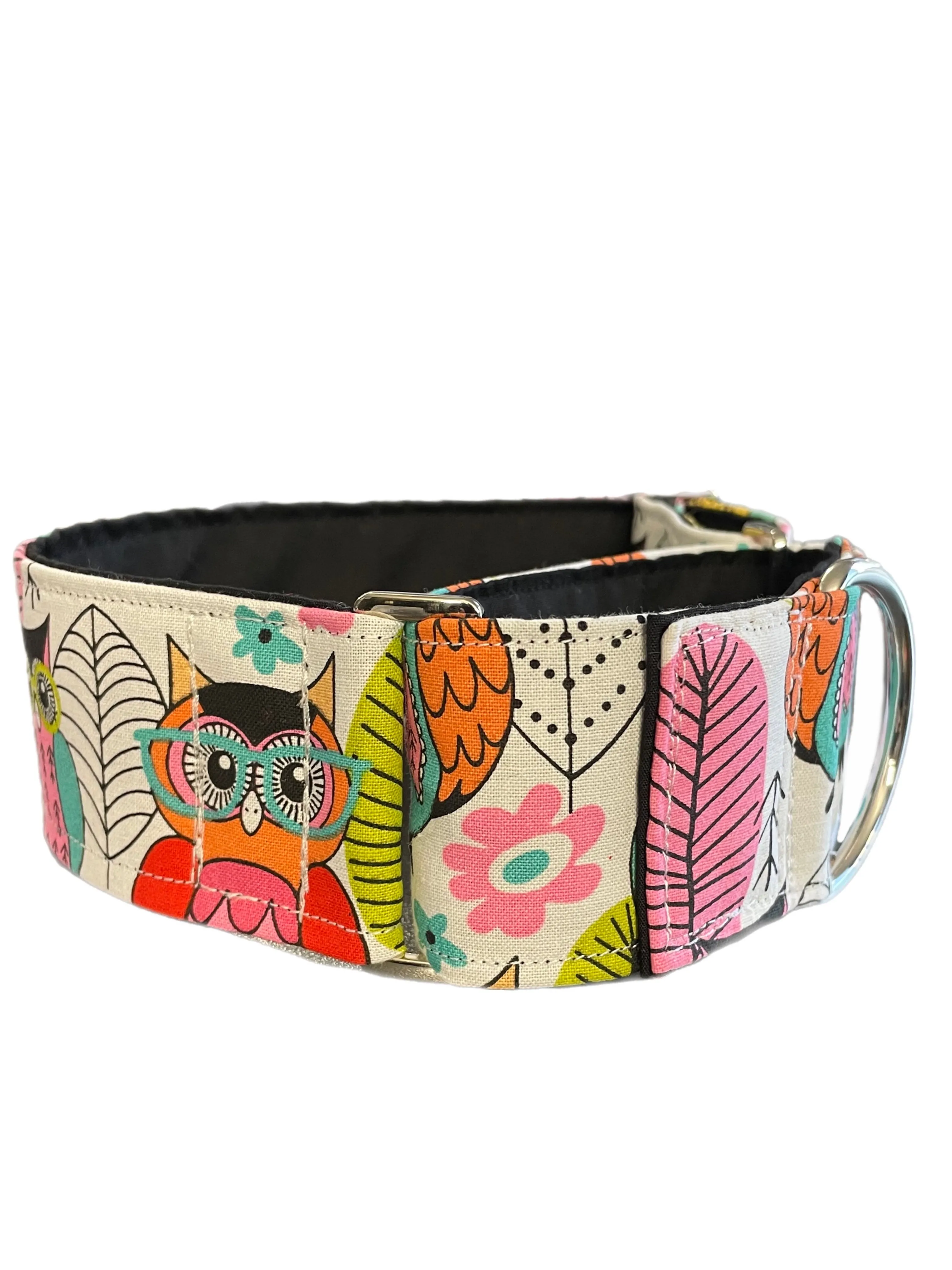 Happy Owls design greyhound Martingale collar cotton covered 50mm width