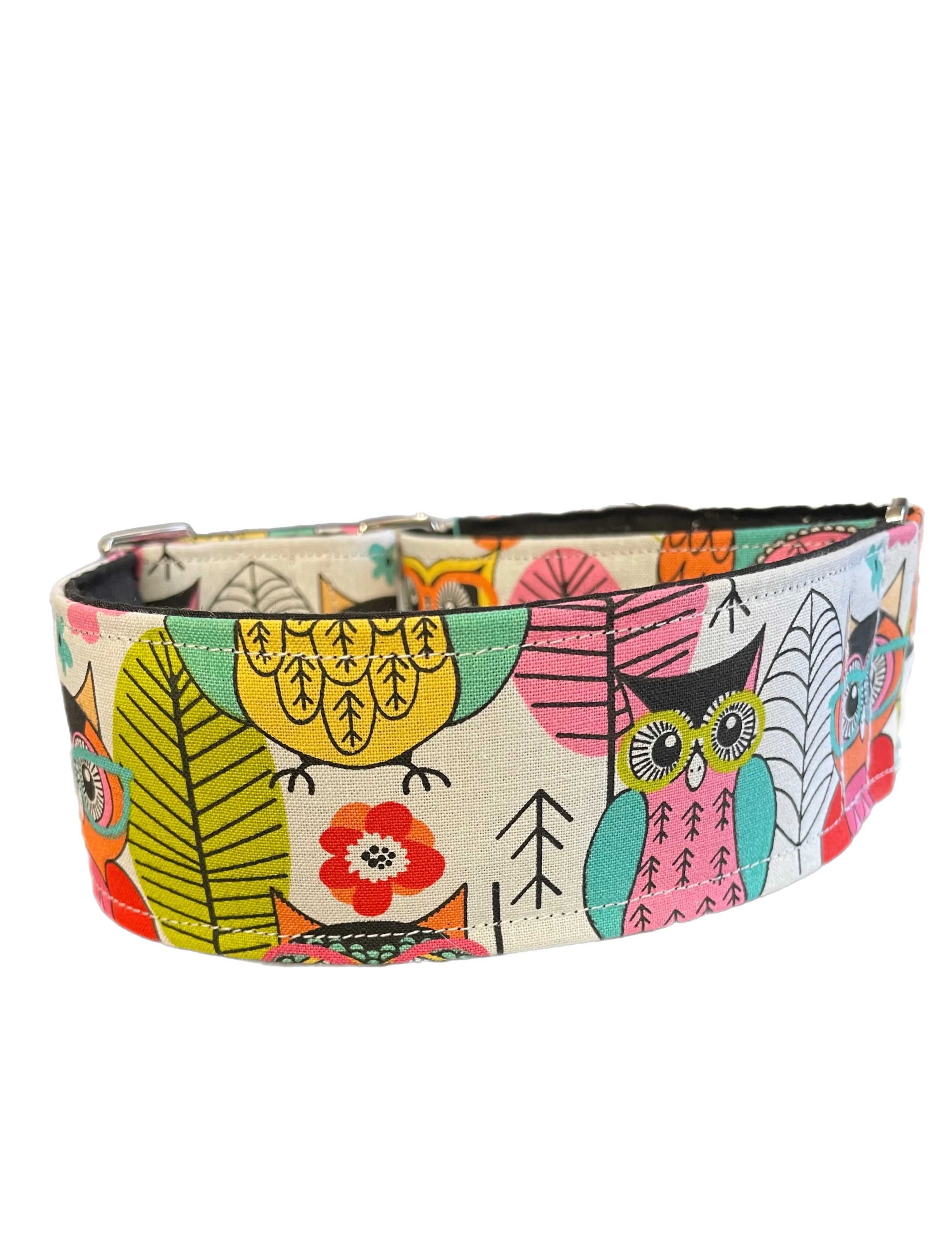 Happy Owls design greyhound Martingale collar cotton covered 50mm width
