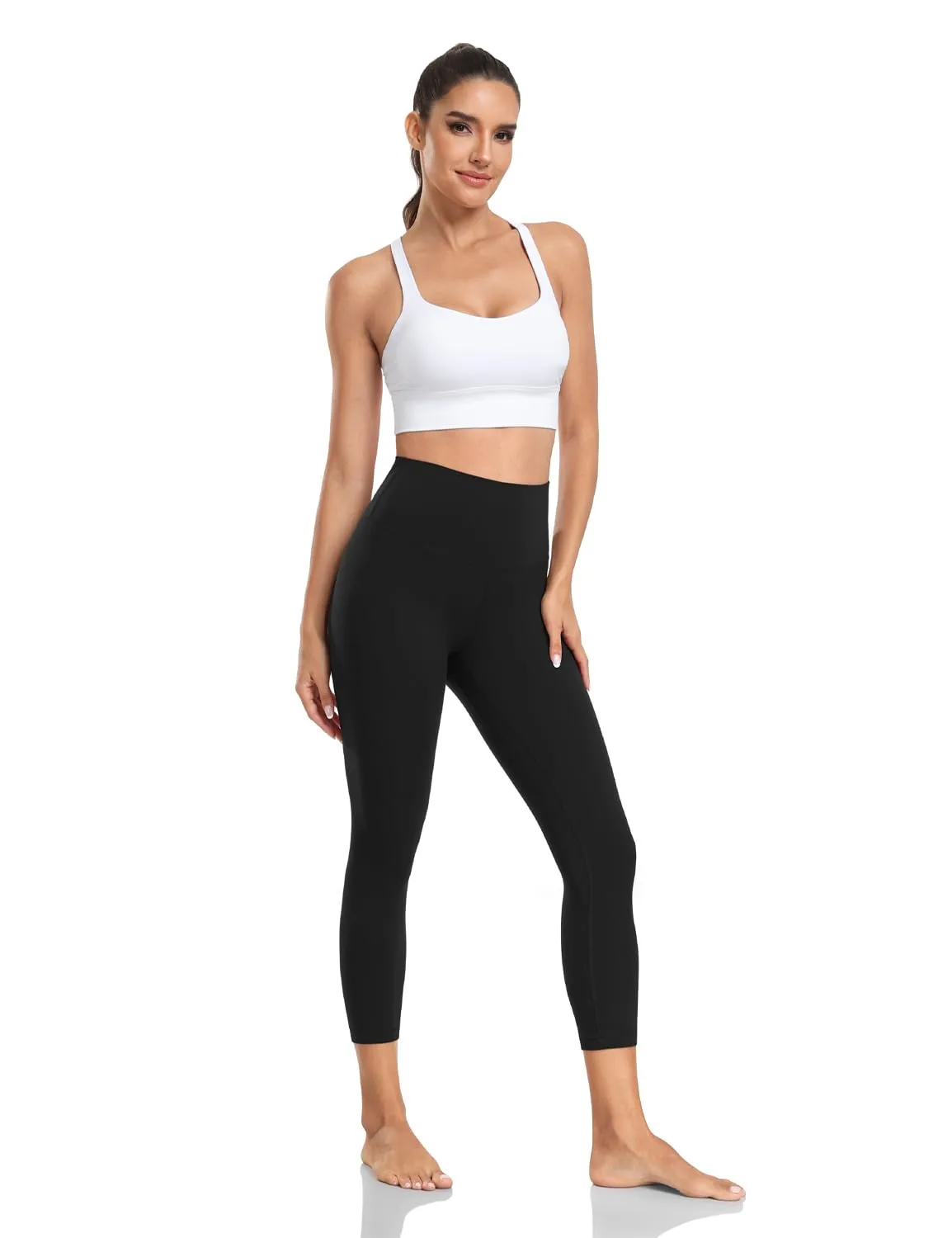 HeyNuts Yoga Pro Women's Buttery Soft Yoga Capris Leggings, High Waisted Compression Workout Yoga Lounge 3/4 Cropped Pants 21" Black L(12)