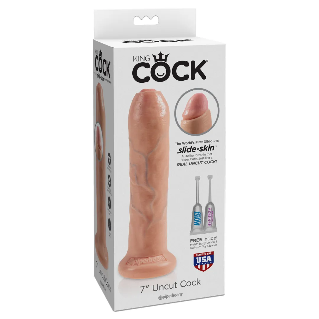 King Cock Uncut 7 Inch Suction Cup Dildo with Moving Foreskin - Vanilla