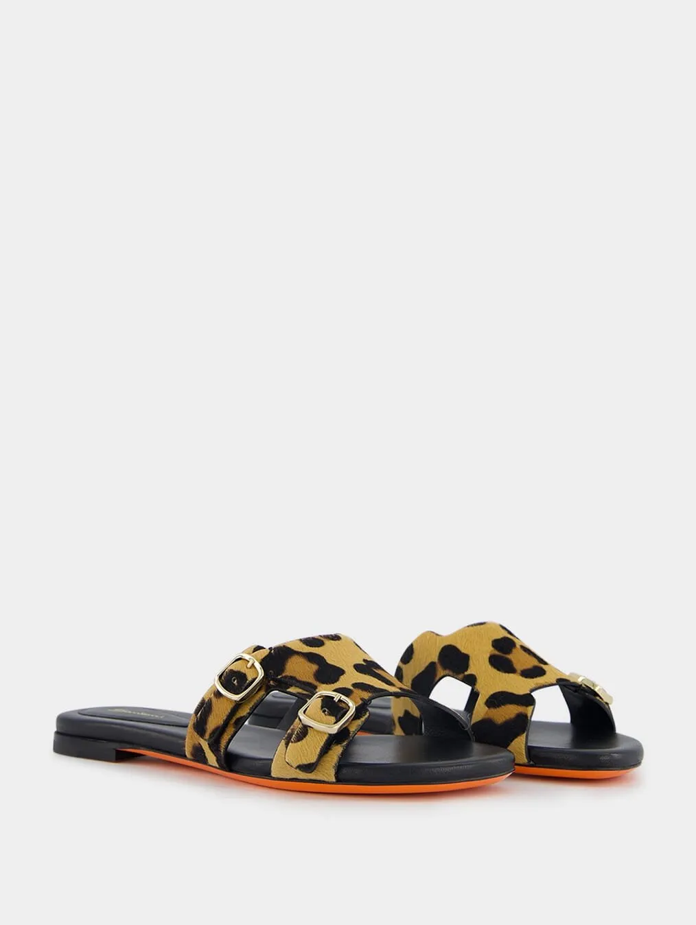 Leopard-Print Double-Buckle Leather Slides