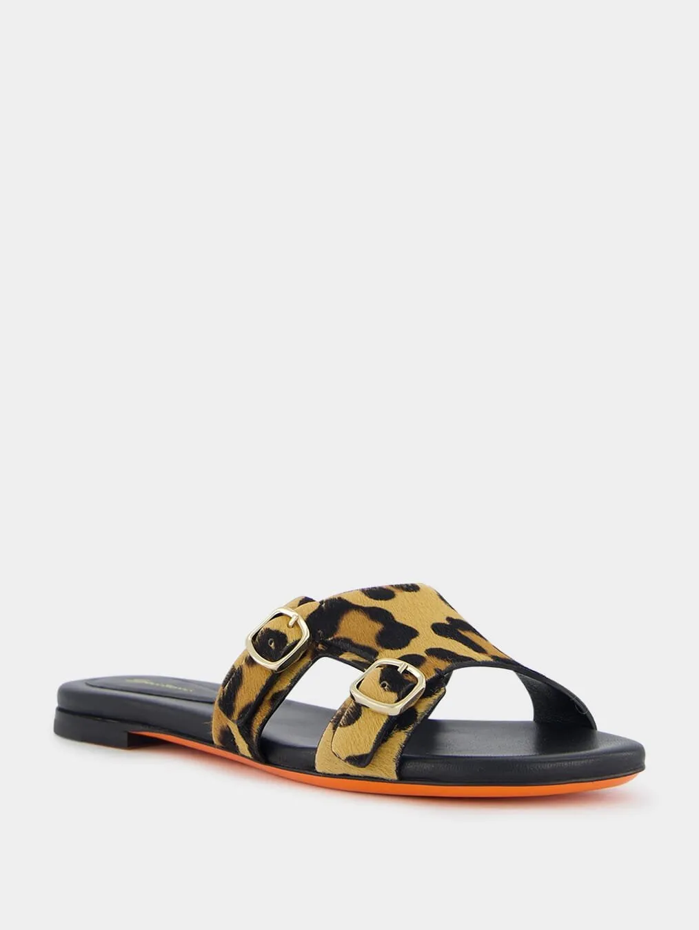 Leopard-Print Double-Buckle Leather Slides
