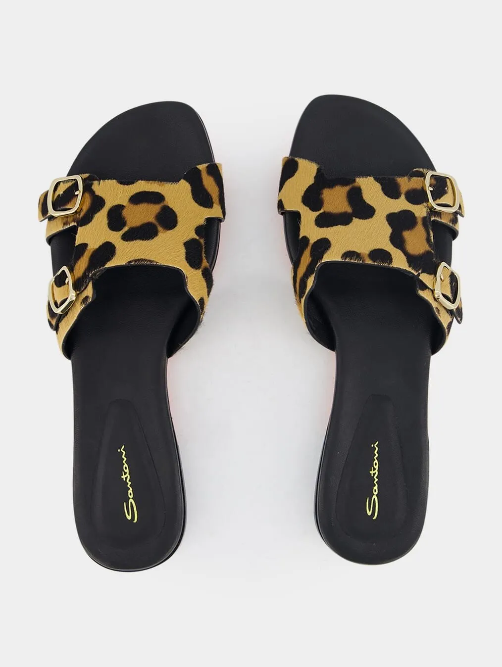 Leopard-Print Double-Buckle Leather Slides