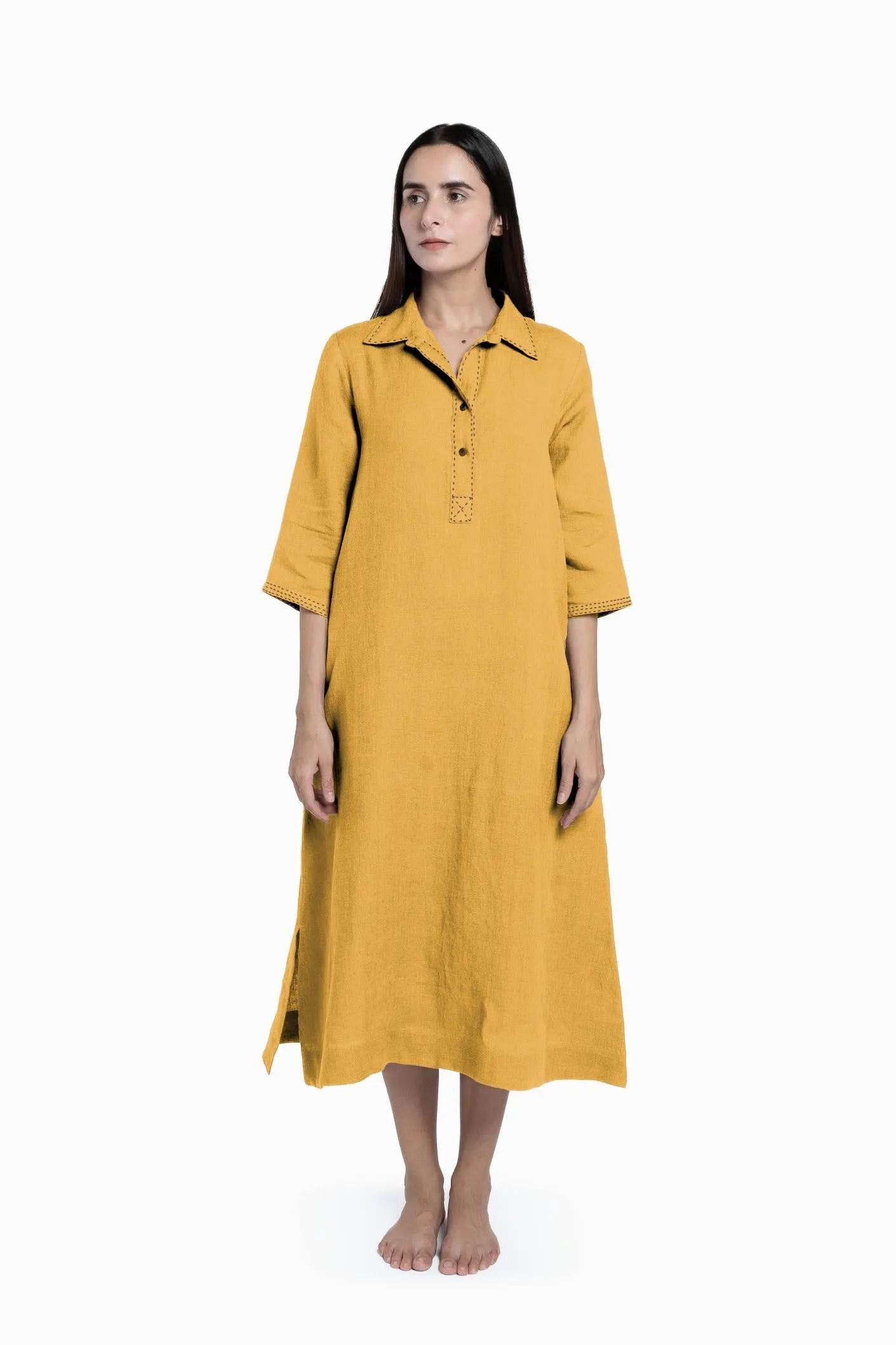 Linen Petunia Shirt Dress-Midnight Green