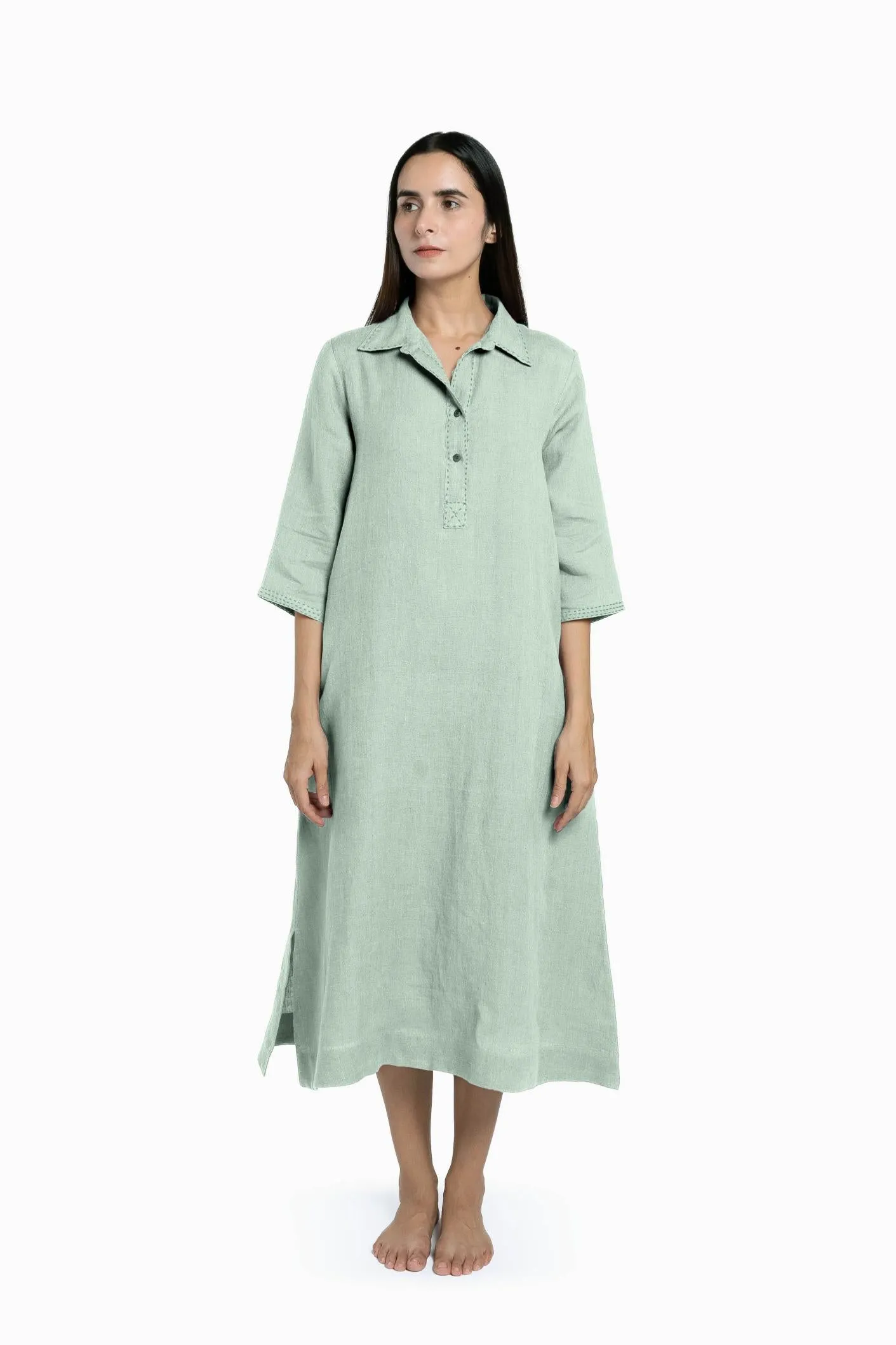 Linen Petunia Shirt Dress-Midnight Green