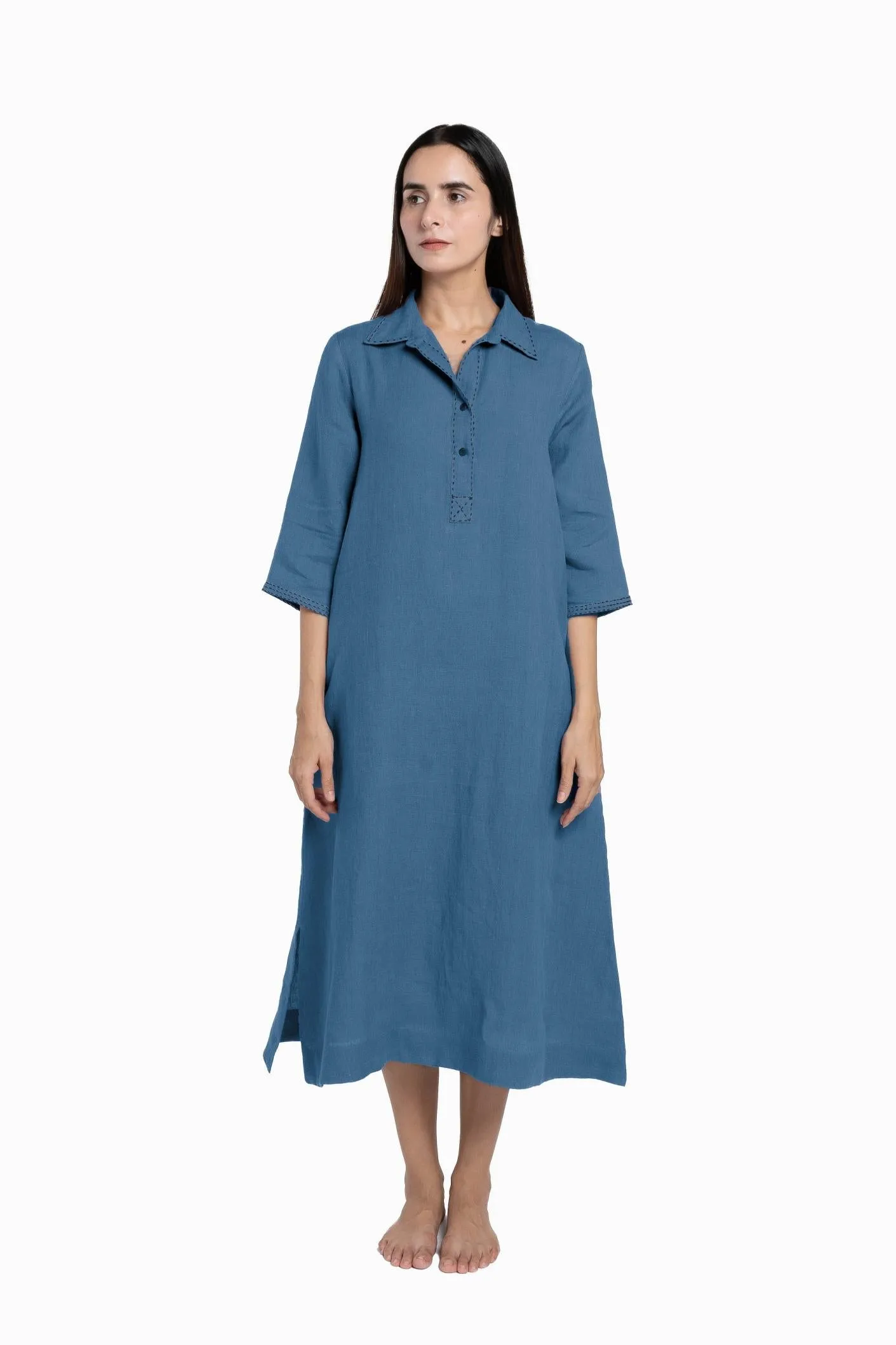 Linen Petunia Shirt Dress-Midnight Green