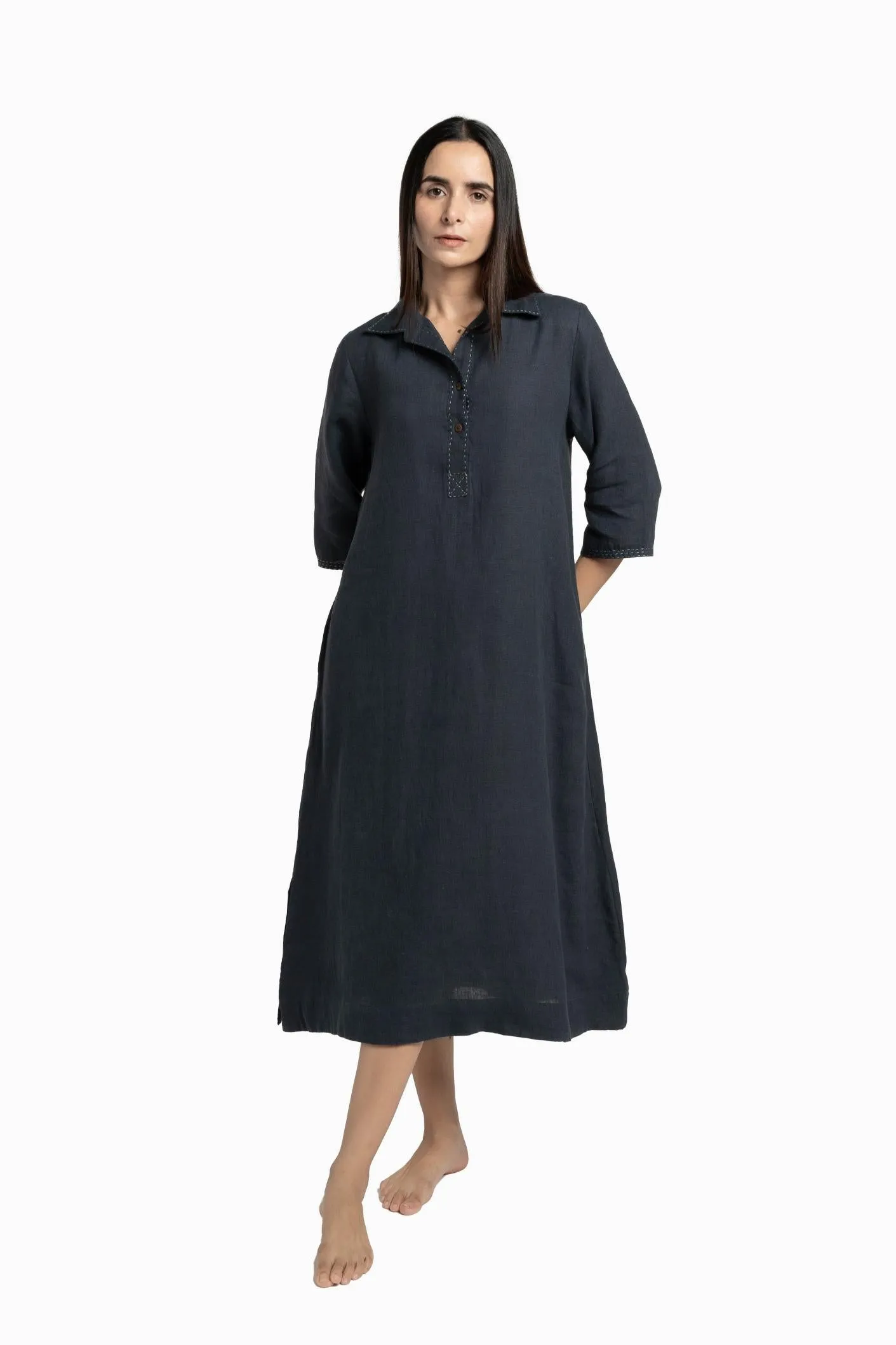 Linen Petunia Shirt Dress-Midnight Green