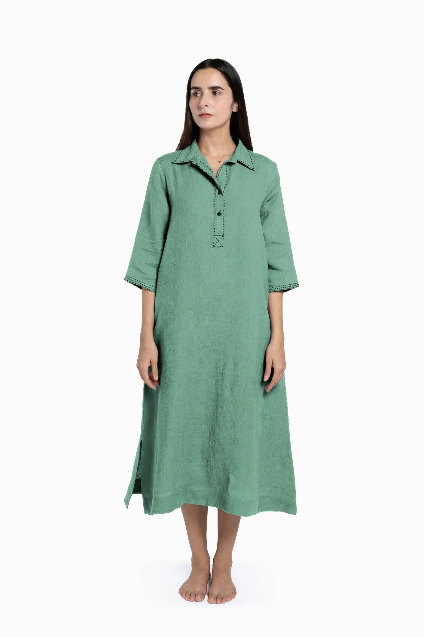 Linen Petunia Shirt Dress-Midnight Green