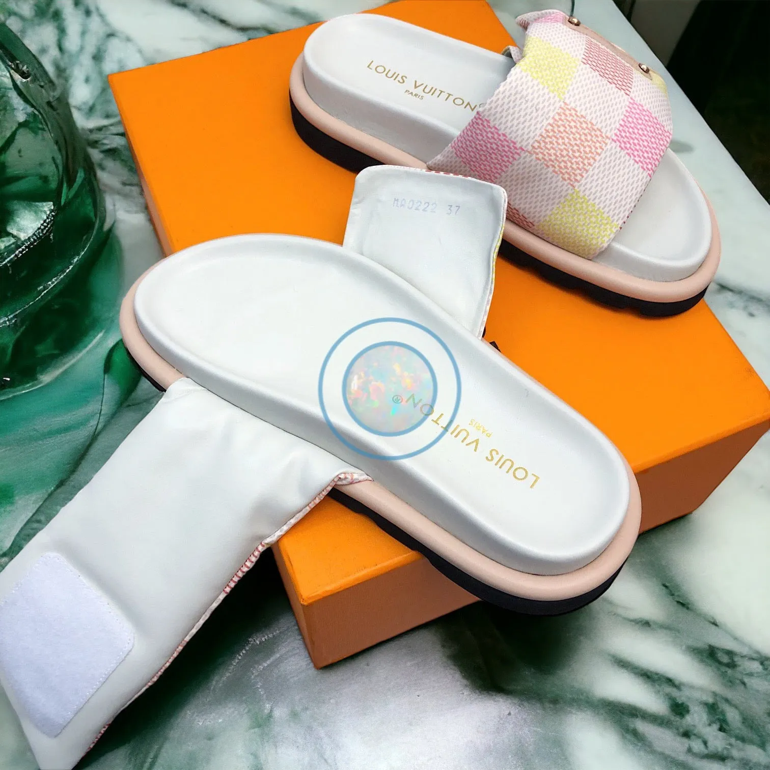 LV Checkered Pool Pillow Slides