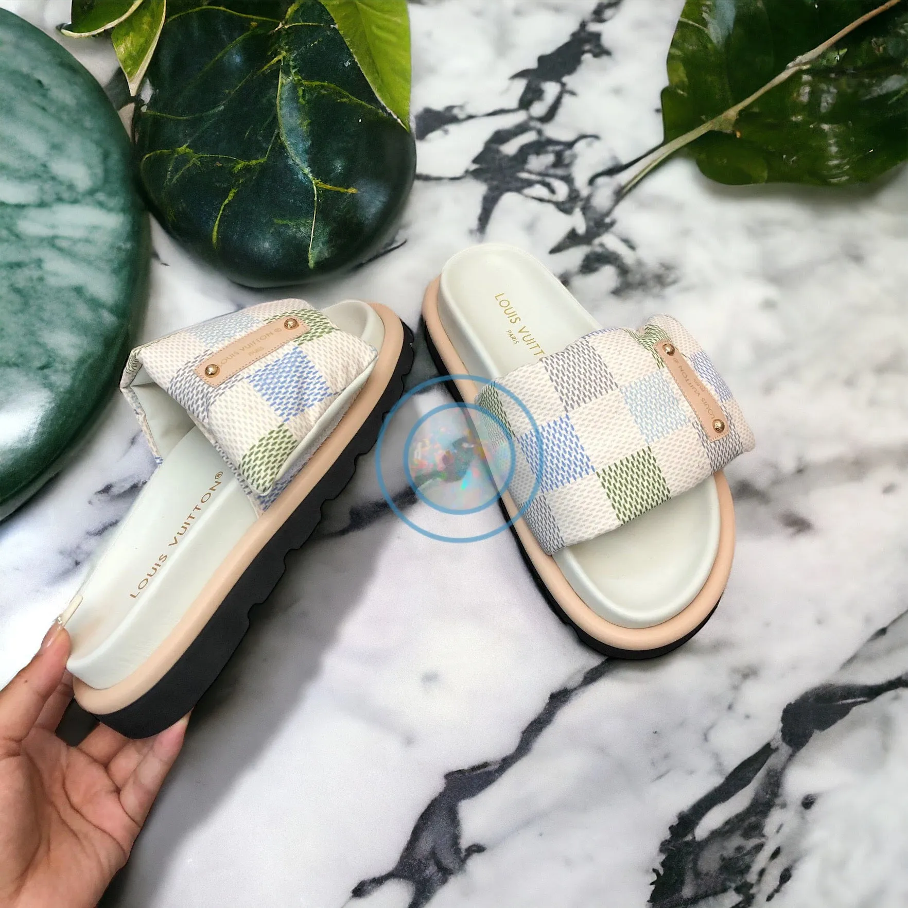 LV Checkered Pool Pillow Slides