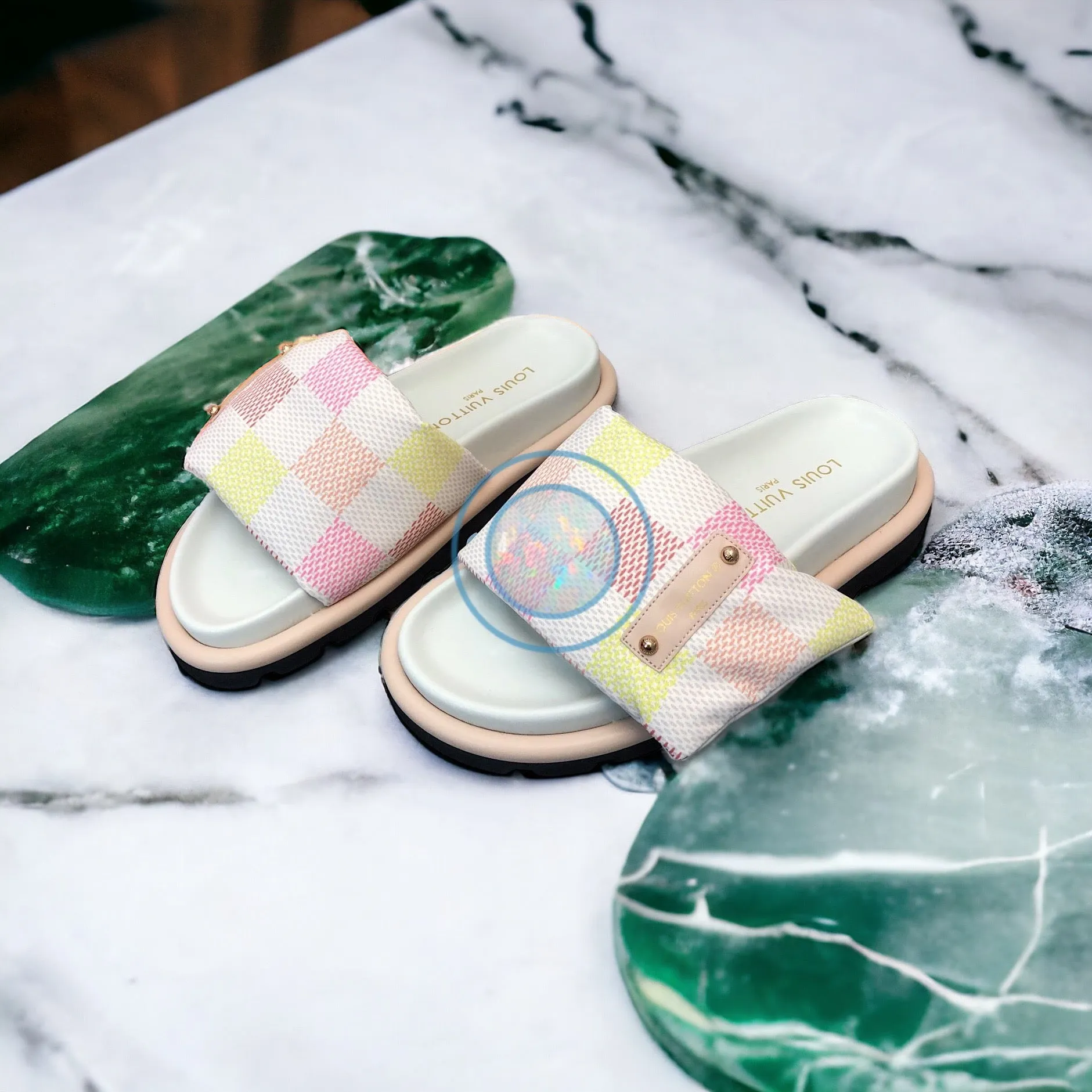 LV Checkered Pool Pillow Slides