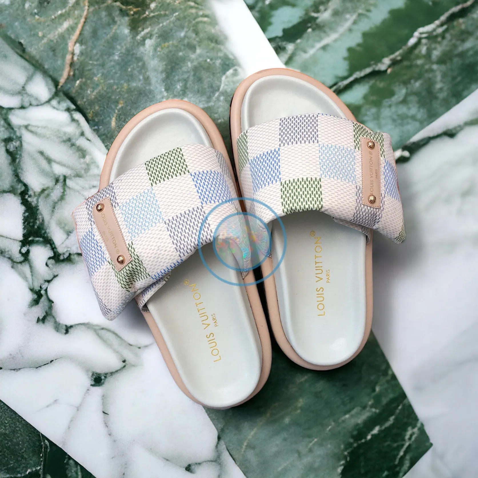 LV Checkered Pool Pillow Slides