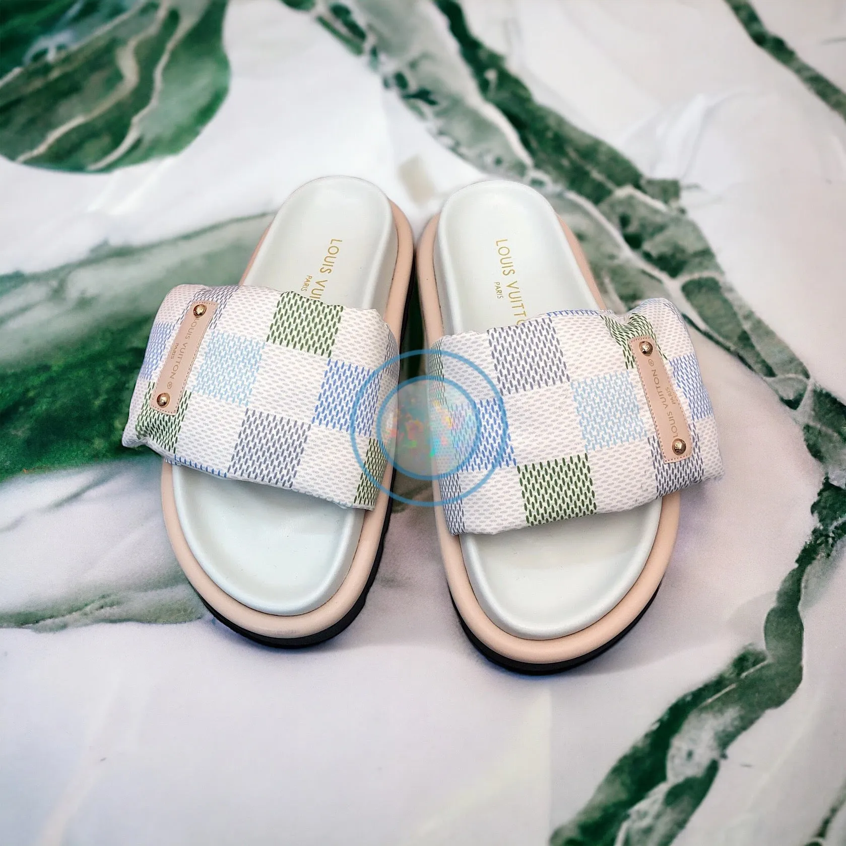 LV Checkered Pool Pillow Slides