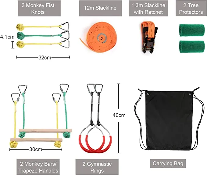 New ZELUS Portable 40 Foot Slackline Monkey Bar Kit - Kids Swinging Obstacle Course Set - Bars, Fists, Gymnastics Rings, 250lb. Weight Capacity