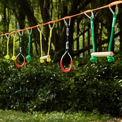 New ZELUS Portable 40 Foot Slackline Monkey Bar Kit - Kids Swinging Obstacle Course Set - Bars, Fists, Gymnastics Rings, 250lb. Weight Capacity