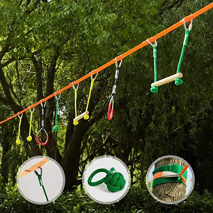 New ZELUS Portable 40 Foot Slackline Monkey Bar Kit - Kids Swinging Obstacle Course Set - Bars, Fists, Gymnastics Rings, 250lb. Weight Capacity