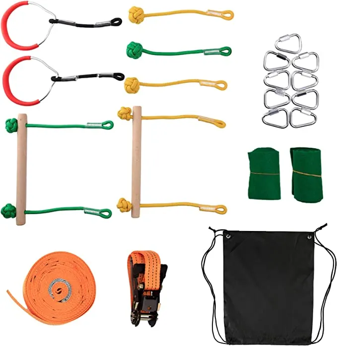 New ZELUS Portable 40 Foot Slackline Monkey Bar Kit - Kids Swinging Obstacle Course Set - Bars, Fists, Gymnastics Rings, 250lb. Weight Capacity