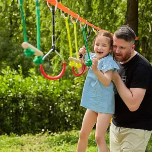 New ZELUS Portable 40 Foot Slackline Monkey Bar Kit - Kids Swinging Obstacle Course Set - Bars, Fists, Gymnastics Rings, 250lb. Weight Capacity