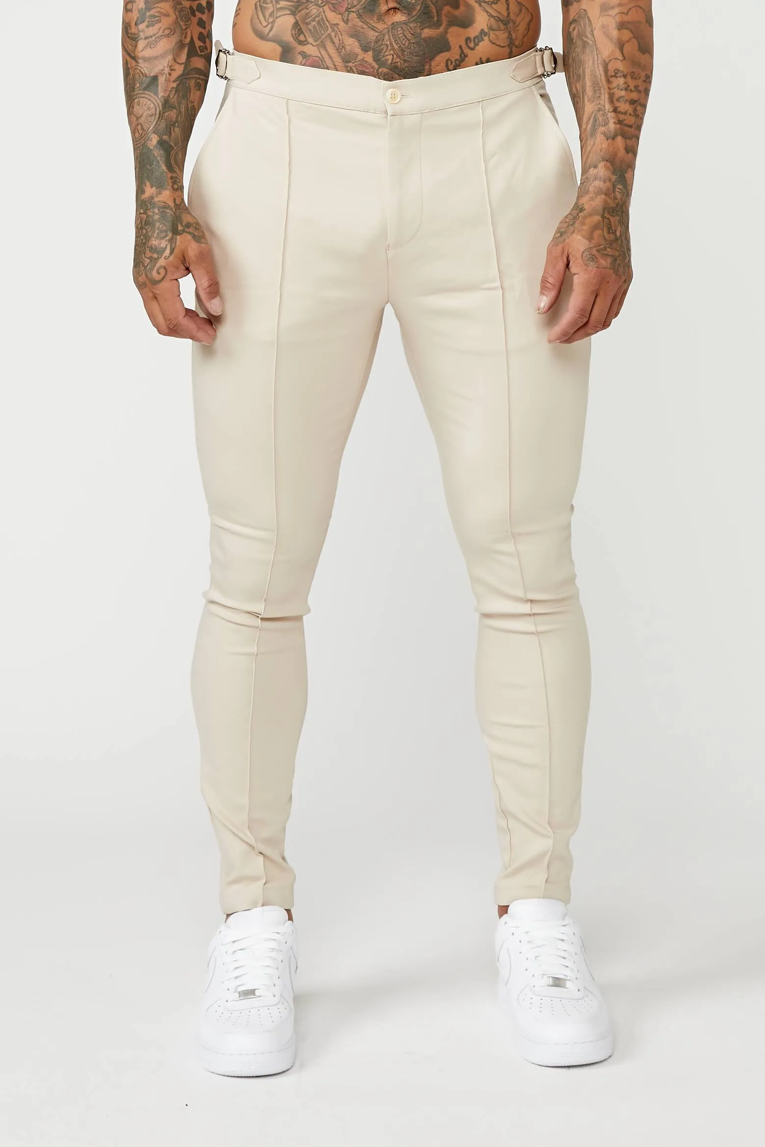 PLAIN STRETCH TROUSER W/ SIDE CINCH - BEIGE