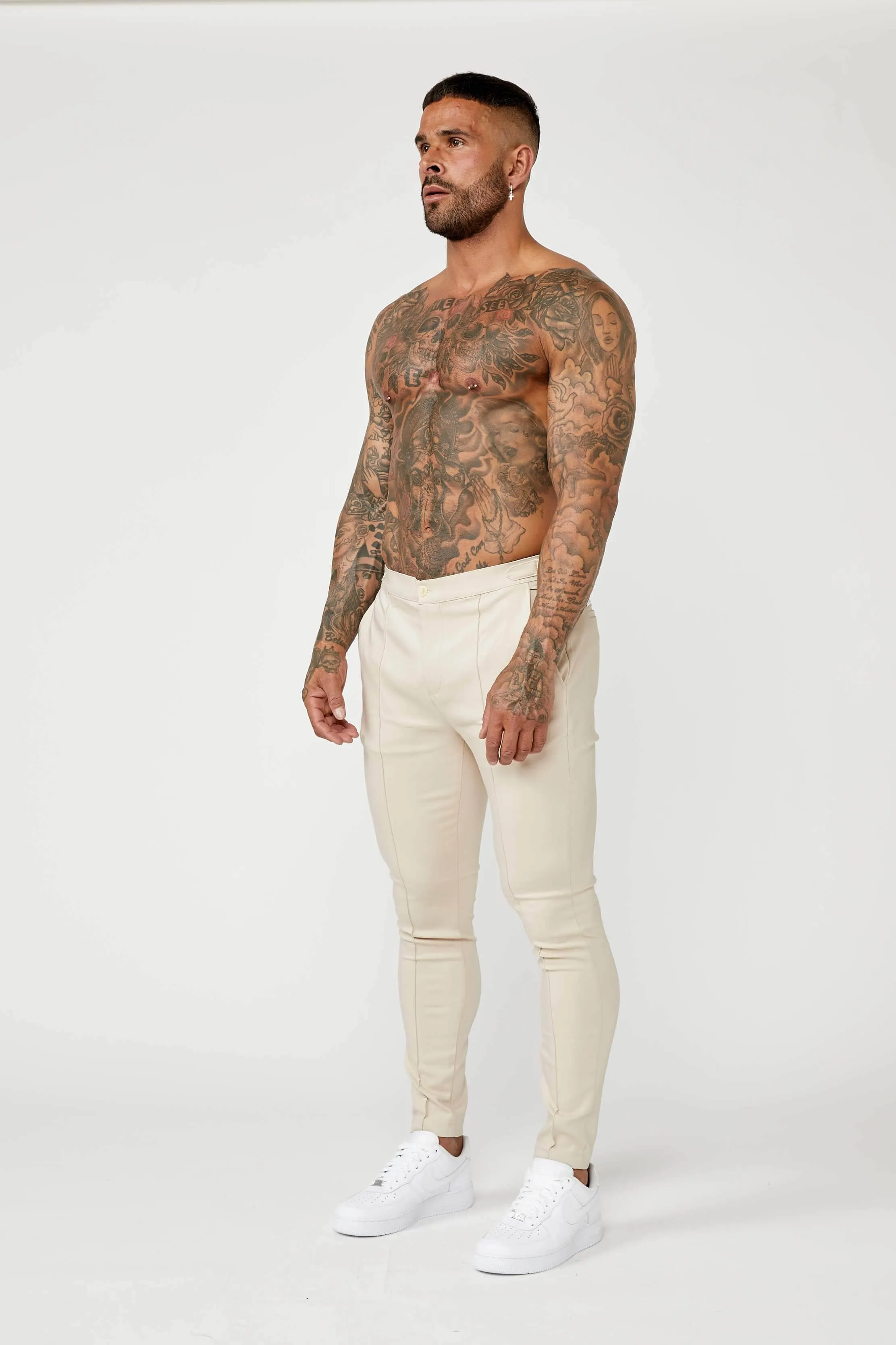 PLAIN STRETCH TROUSER W/ SIDE CINCH - BEIGE