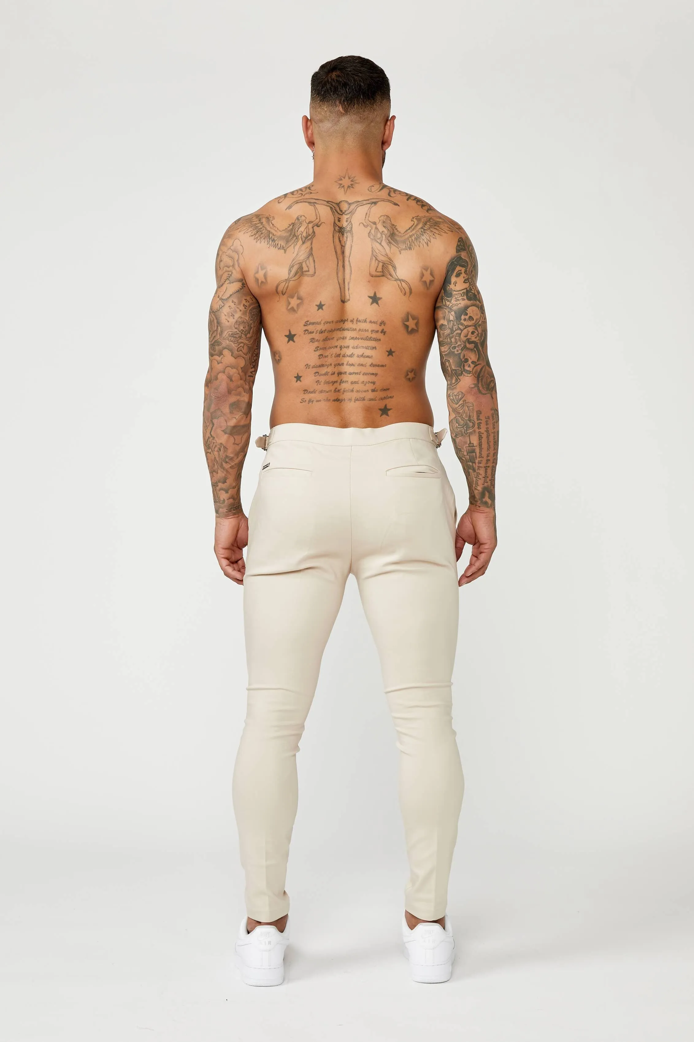PLAIN STRETCH TROUSER W/ SIDE CINCH - BEIGE
