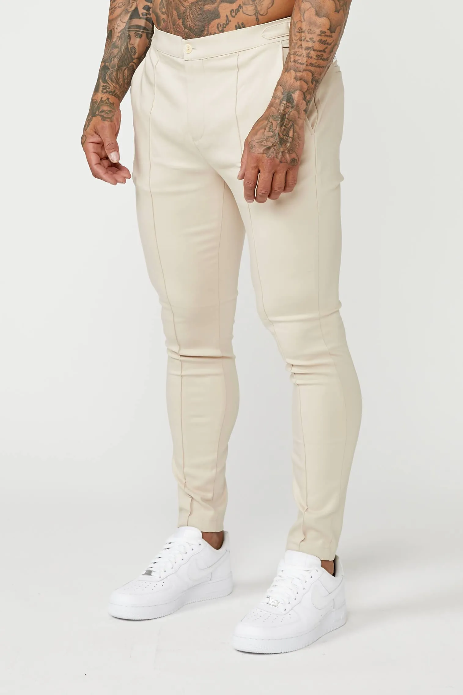 PLAIN STRETCH TROUSER W/ SIDE CINCH - BEIGE