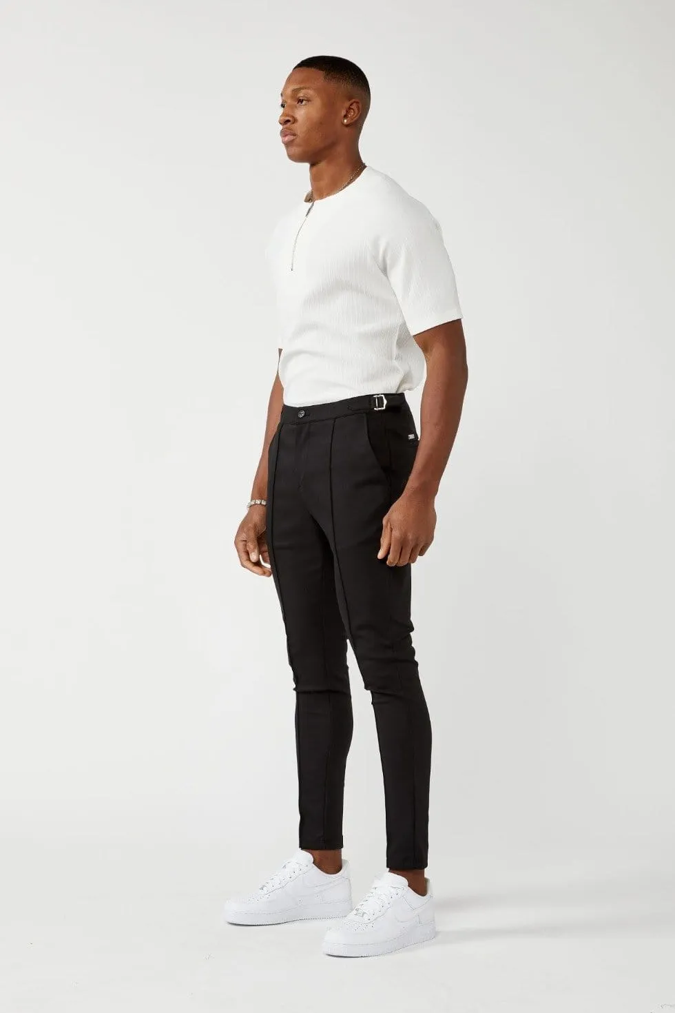 PLAIN STRETCH TROUSER W/ SIDE CINCH - BLACK