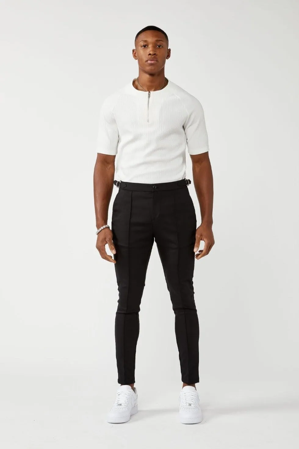 PLAIN STRETCH TROUSER W/ SIDE CINCH - BLACK