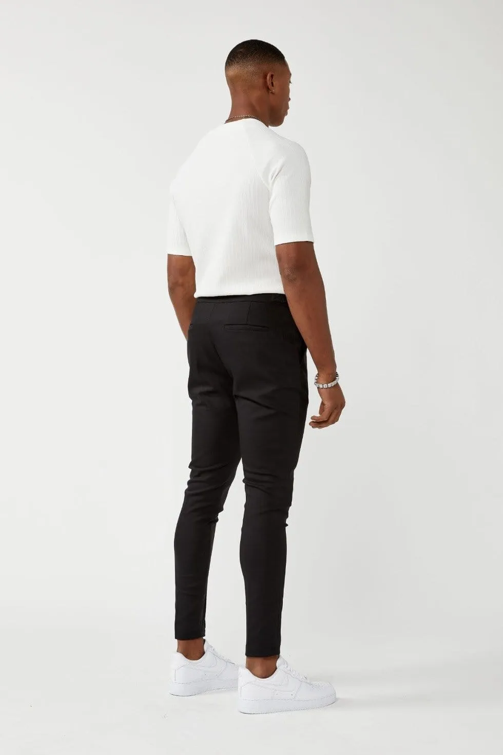 PLAIN STRETCH TROUSER W/ SIDE CINCH - BLACK