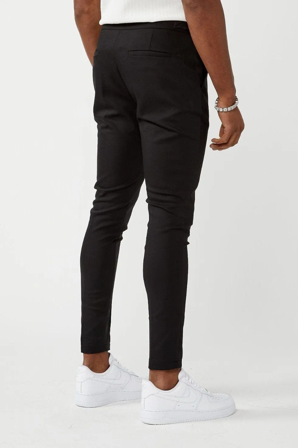 PLAIN STRETCH TROUSER W/ SIDE CINCH - BLACK