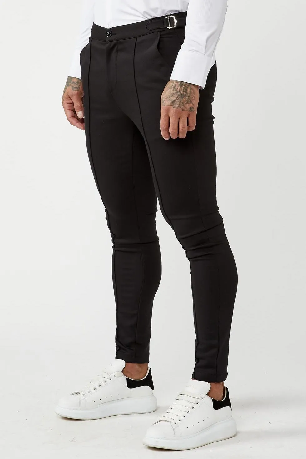 PLAIN STRETCH TROUSER W/ SIDE CINCH - BLACK