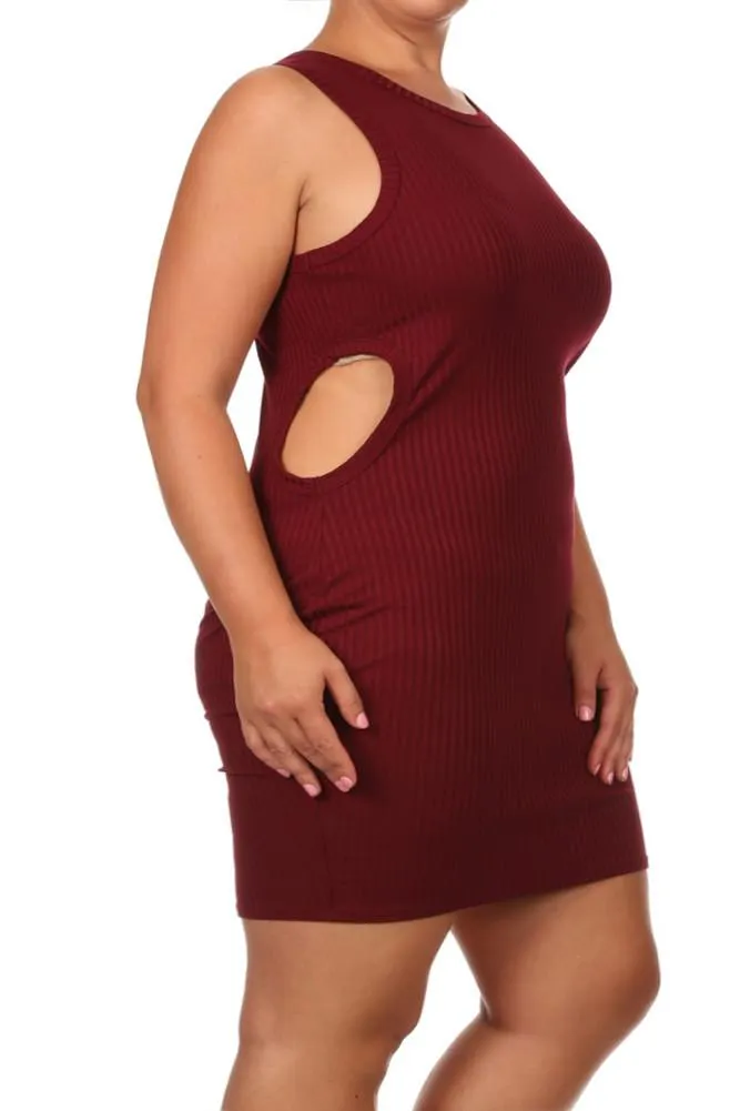 Plus Size Sassy Cut Out Ribbed Mini Burgundy Dress