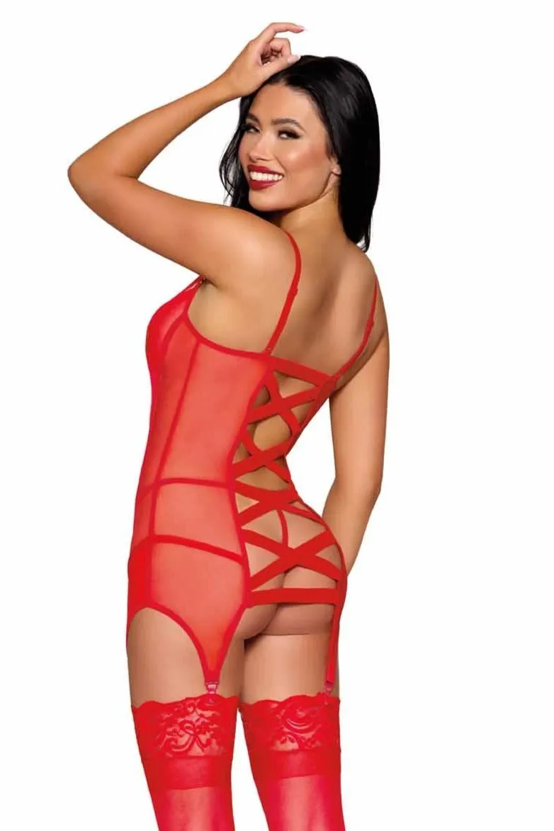 Red Stretch Mesh and Velvet Trim Garter Set