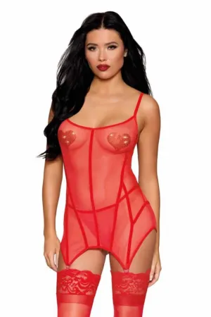 Red Stretch Mesh and Velvet Trim Garter Set