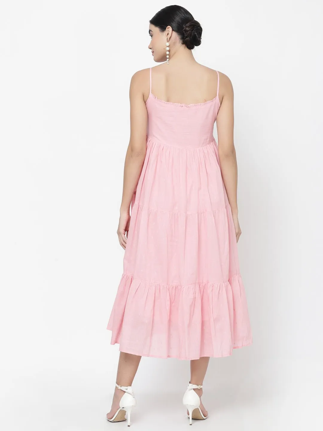 Soft Pink Embroidered Tired Midi Dress