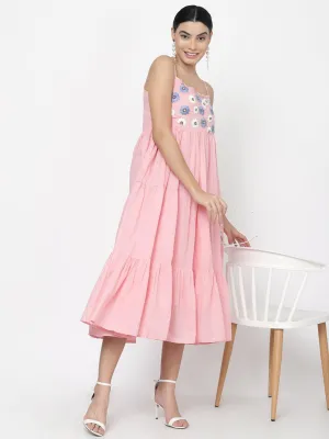 Soft Pink Embroidered Tired Midi Dress