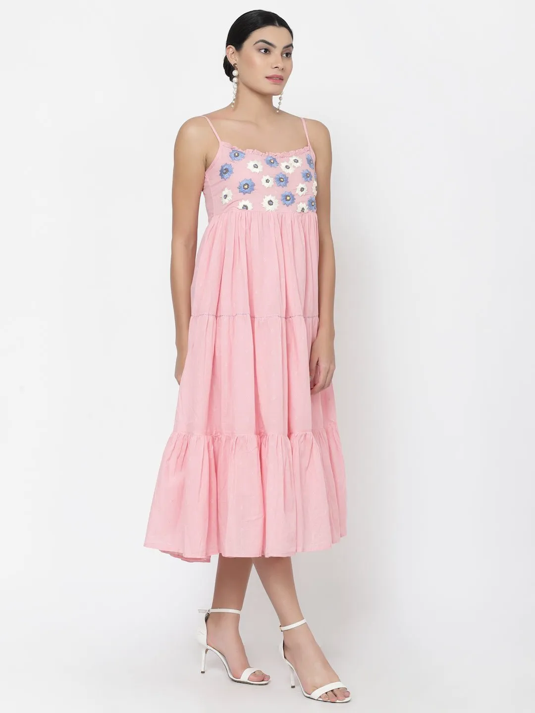 Soft Pink Embroidered Tired Midi Dress