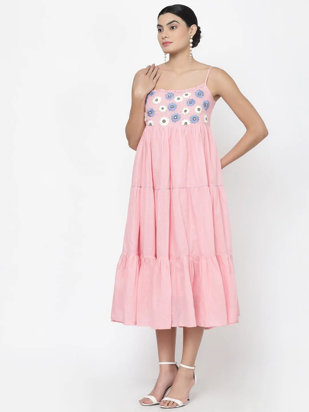 Soft Pink Embroidered Tired Midi Dress