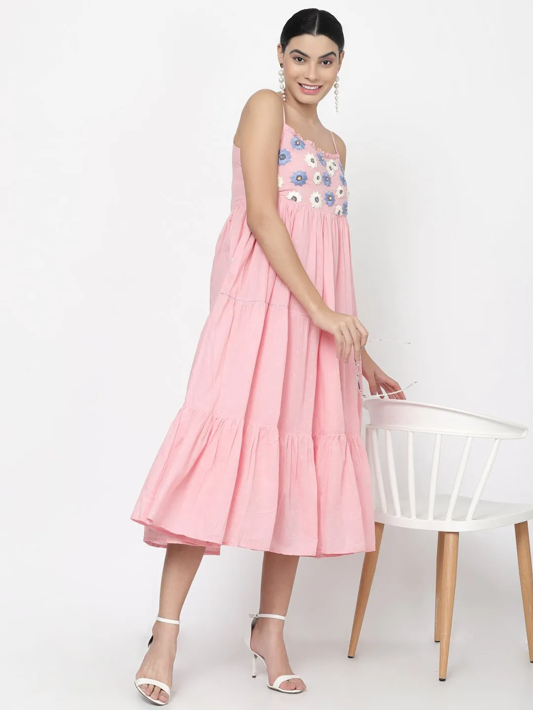 Soft Pink Embroidered Tired Midi Dress