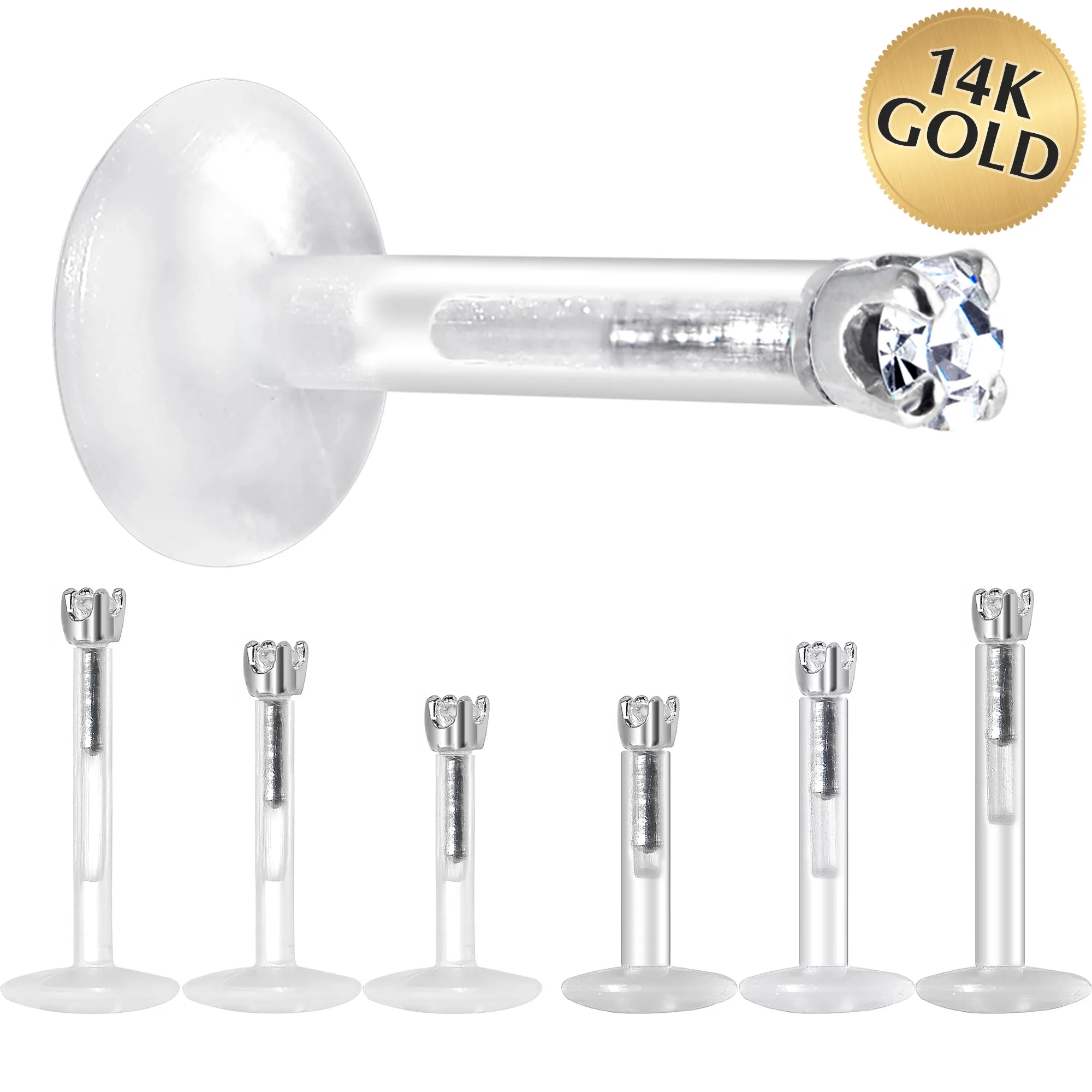 Solid 14KT White Gold 1.5mm CZ Bioplast Push in Labret Monroe