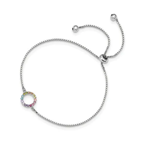 Sterling Silver Colorful Rainbow CZ Open Circle Adjustable Bolo Bracelet
