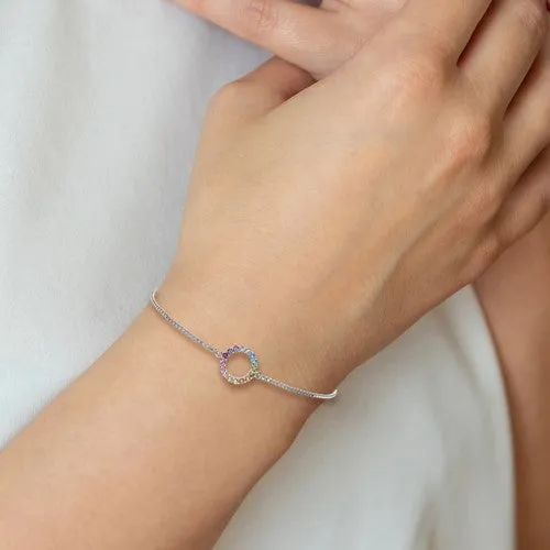 Sterling Silver Colorful Rainbow CZ Open Circle Adjustable Bolo Bracelet