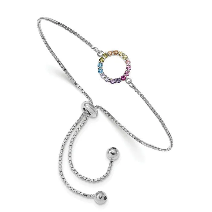 Sterling Silver Colorful Rainbow CZ Open Circle Adjustable Bolo Bracelet