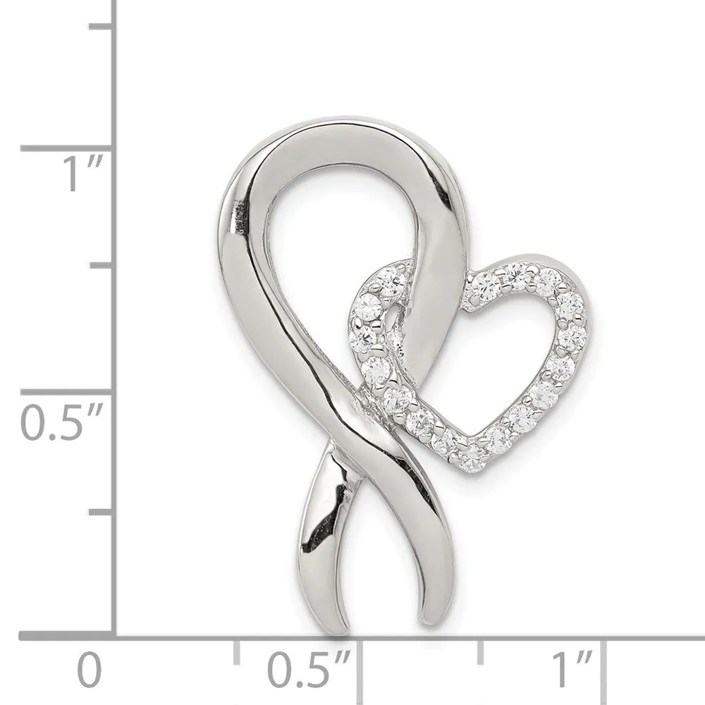 Sterling Silver CZ Heart & Breast Cancer Ribbon Chain Slide