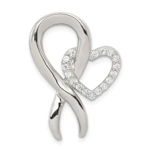 Sterling Silver CZ Heart & Breast Cancer Ribbon Chain Slide