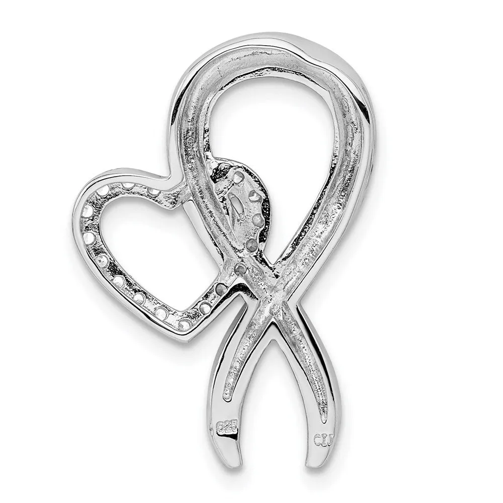 Sterling Silver CZ Heart & Breast Cancer Ribbon Chain Slide