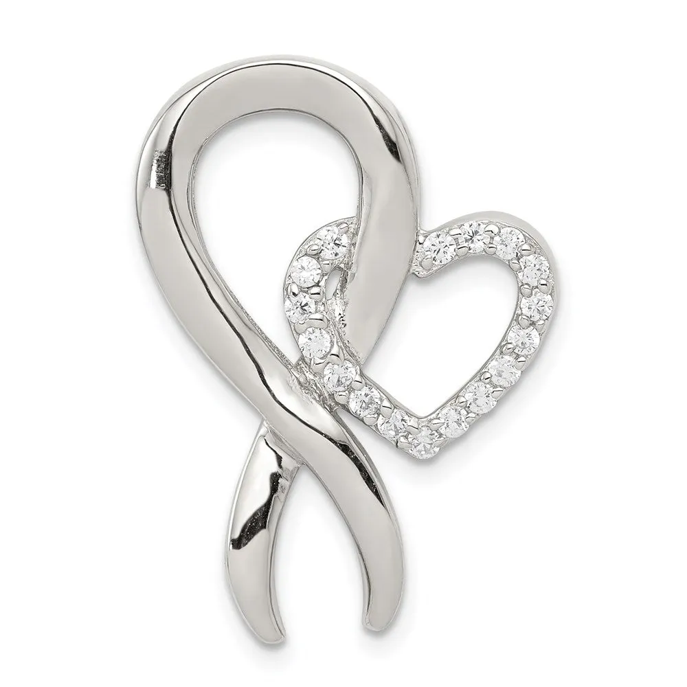 Sterling Silver CZ Heart & Breast Cancer Ribbon Chain Slide
