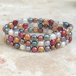 Sterling Silver Multi-Colored Freshwater Pearl Triple Strand Bracelet
