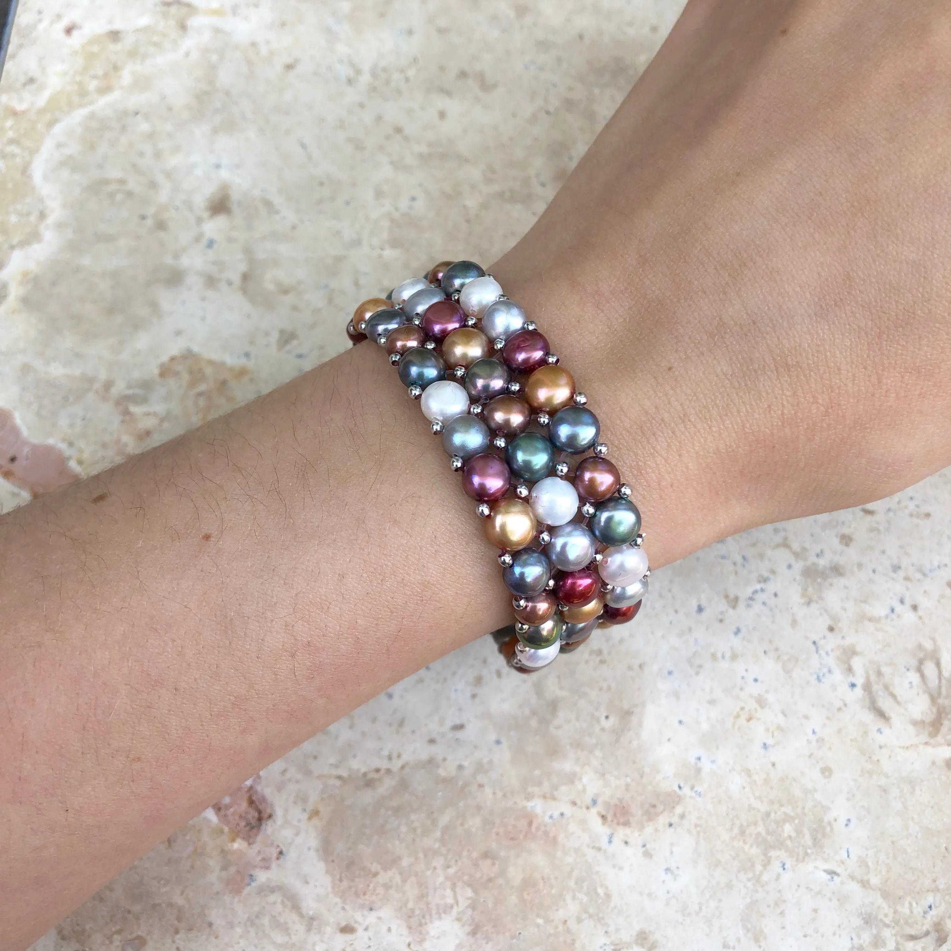 Sterling Silver Multi-Colored Freshwater Pearl Triple Strand Bracelet